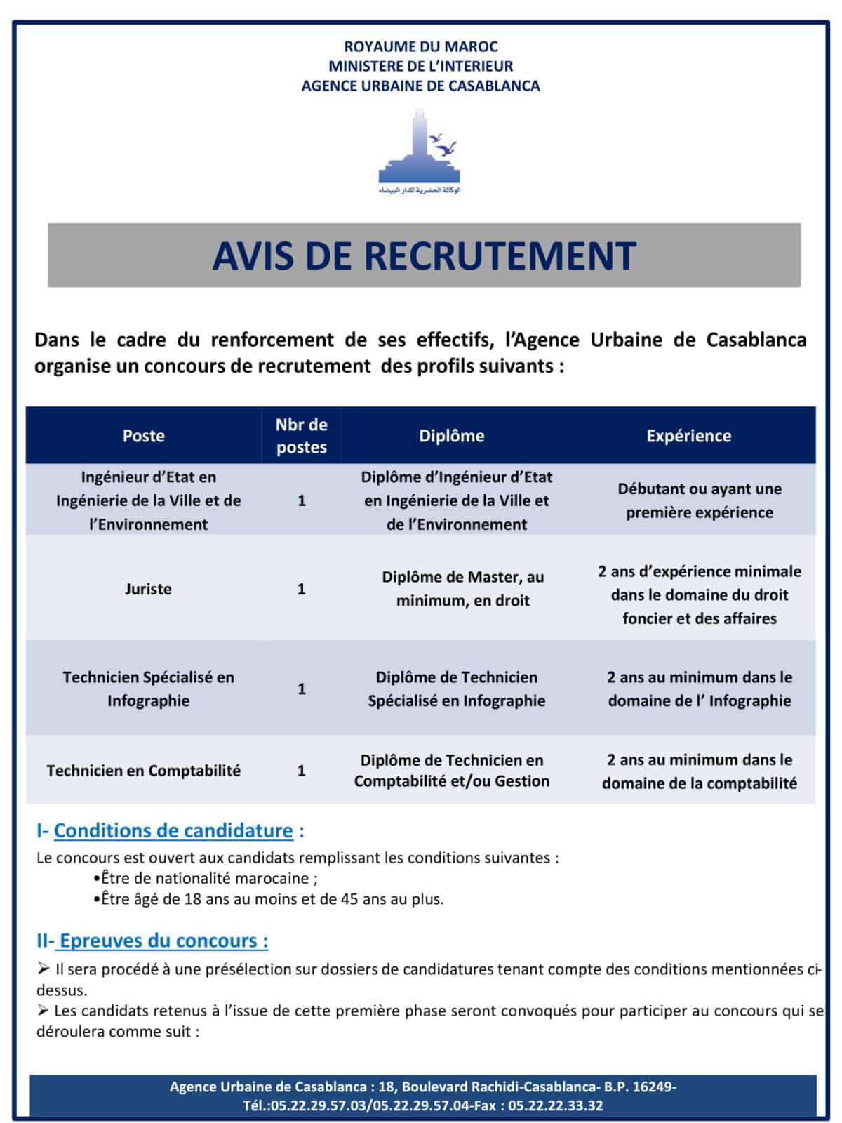 Concours Agence Urbaine de Casablanca (4 Postes) - DREAMJOB.MA